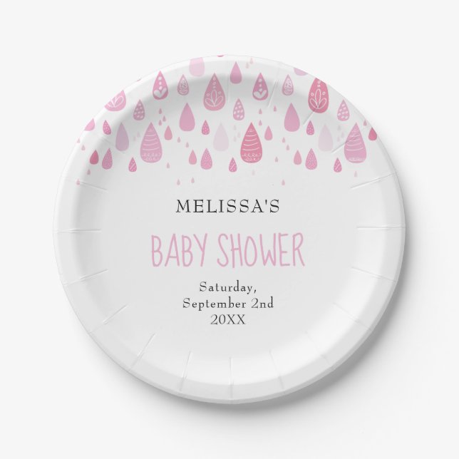 Assiettes En Carton Baby shower de gouttes de pluie rose bébé (Devant)
