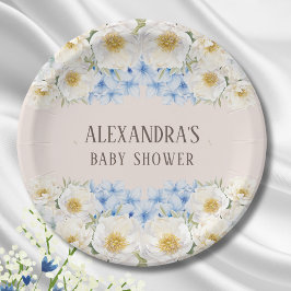 Assiettes En Carton Baby shower de jardin Floral Blanc bleu Hydrangea
