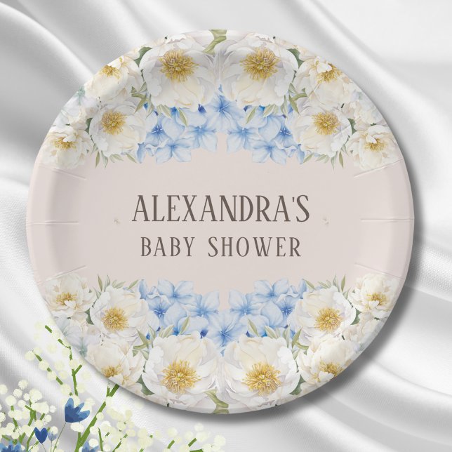 Assiettes En Carton Baby shower de jardin Floral Blanc bleu Hydrangea (Créateur téléchargé)