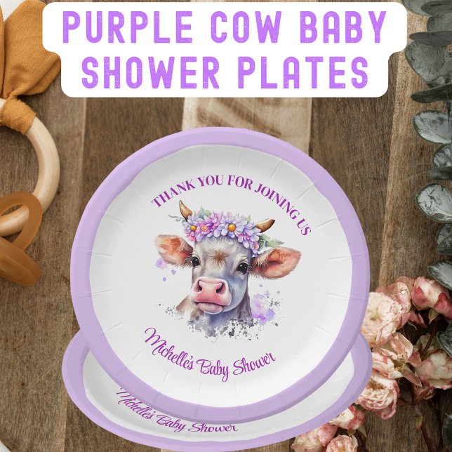 Assiettes En Carton Baby shower de la vache Floral pourpre (Créateur téléchargé)