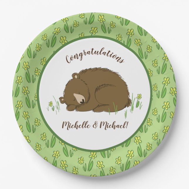 Assiettes En Carton Baby shower de l'ours couché Bois (Devant)