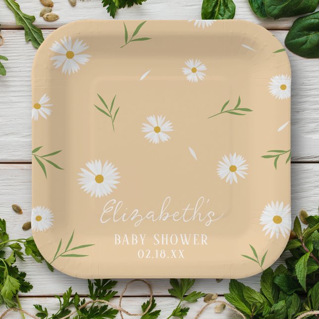 Assiettes En Carton Baby shower de marguerites blanches simple et élég (Créateur téléchargé)