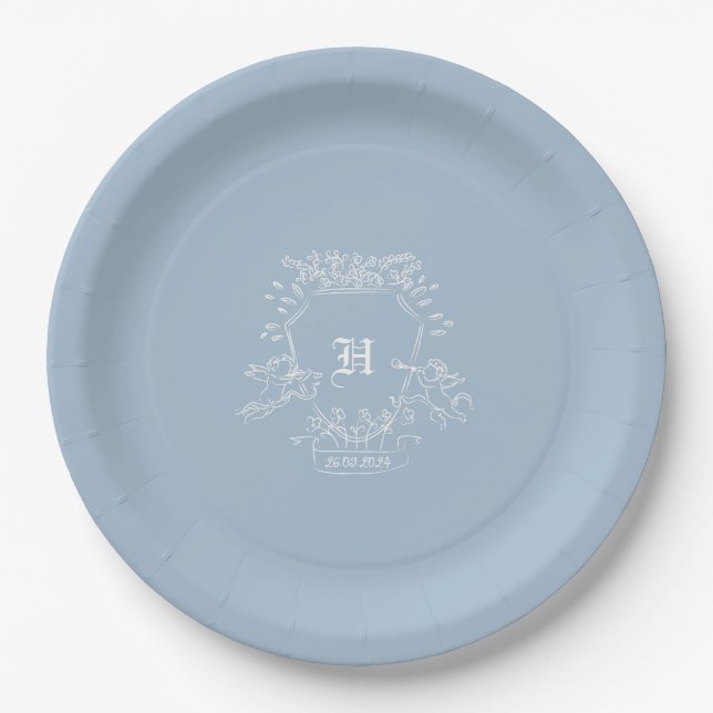Assiettes En Carton Baby shower de monogramme bleu Dusty (Devant)