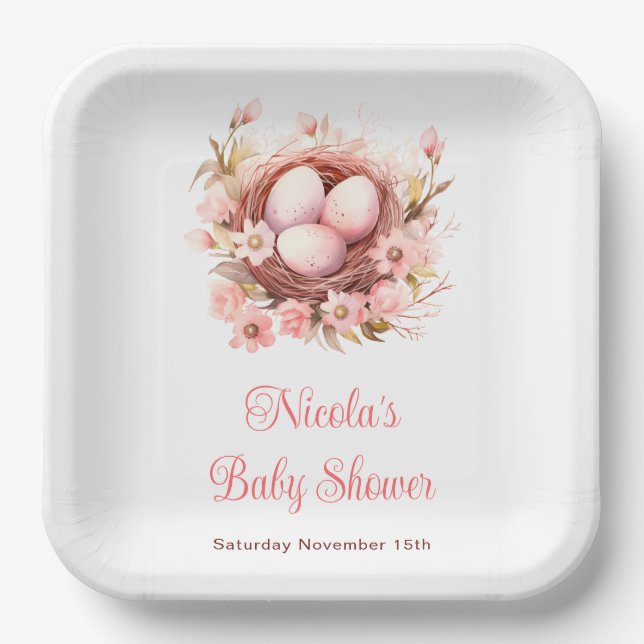 Assiettes En Carton Baby shower de nids d'oiseaux de printemps (Recto)