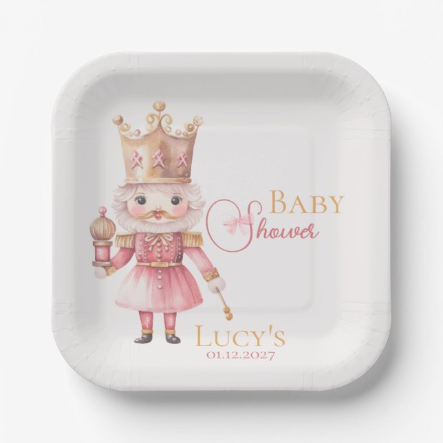 Assiettes En Carton Baby shower de Noël Pink Nutcracker Aquarelle (Recto)