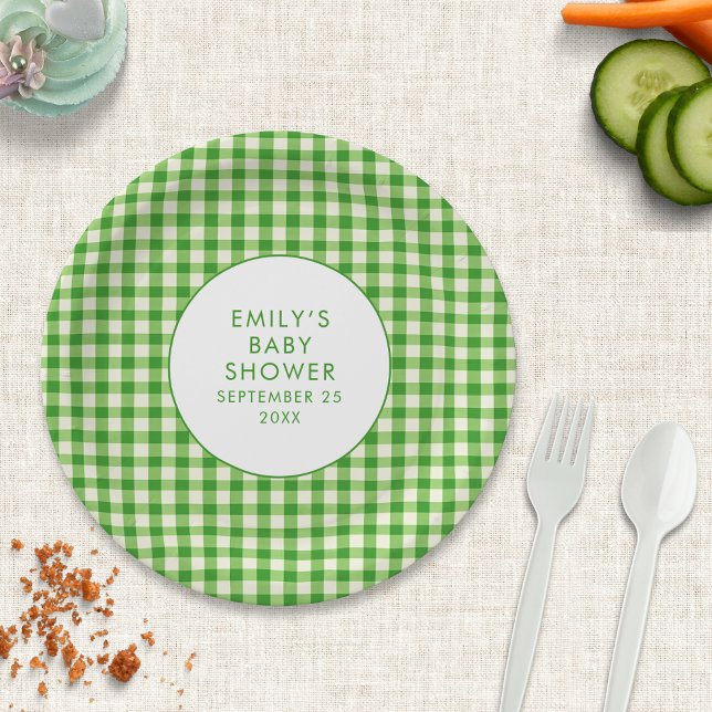 Assiettes En Carton Baby shower de nom En vichy vert cultivé localemen (Créateur téléchargé)