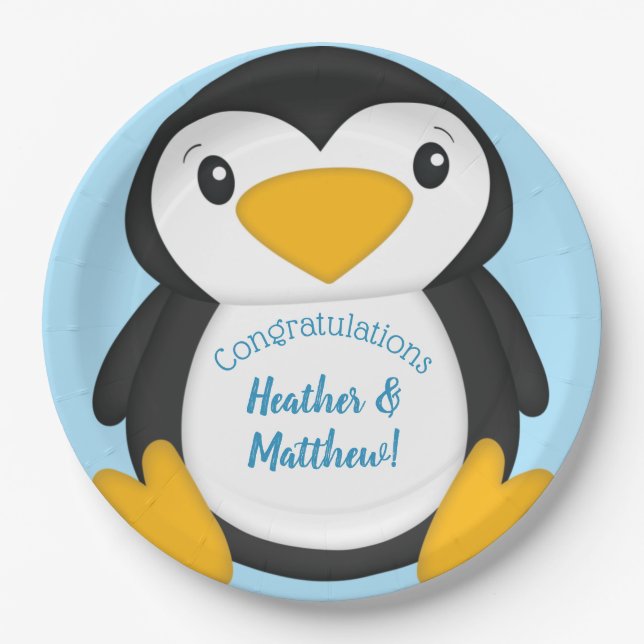 Assiettes En Carton Baby shower de pingouin bleu (Devant)