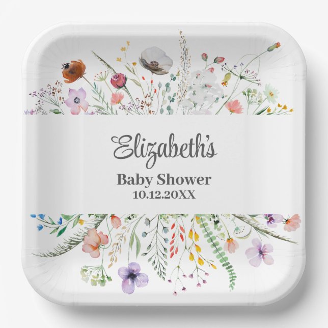 Assiettes En Carton Baby shower de prairie Fleur sauvage aquarelle (Recto)