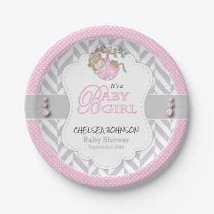 Assiettes En Carton Baby shower de singe rose, gris blanc
