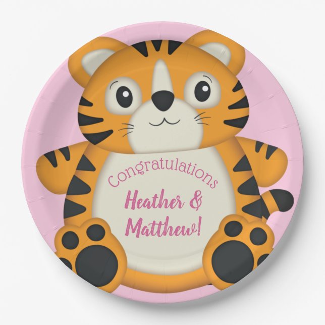 Assiettes En Carton Baby shower de tigre rose (Devant)