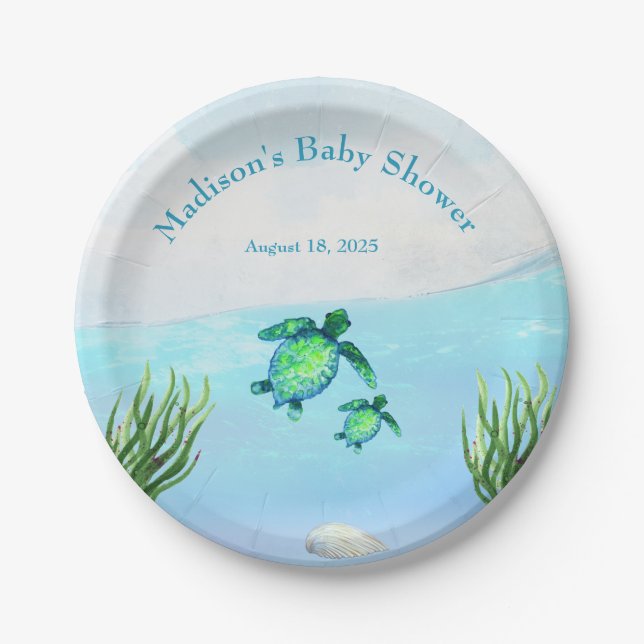Assiettes En Carton Baby shower de Tortues Aquarelles Bleues (Devant)
