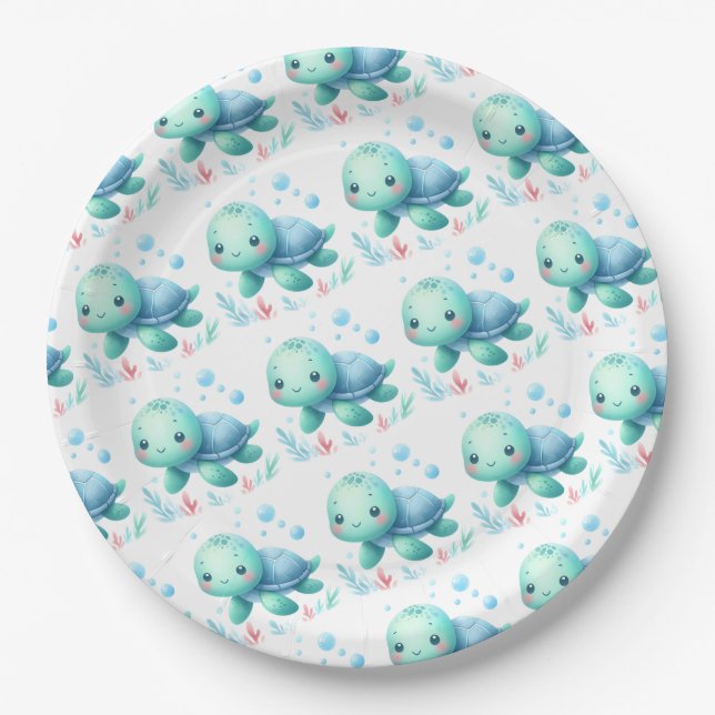 Assiettes En Carton Baby shower de tortues d'eau (Devant)