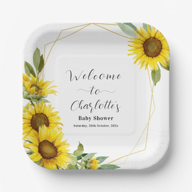 Assiettes En Carton Baby shower de tournesol aquarelle (Recto)