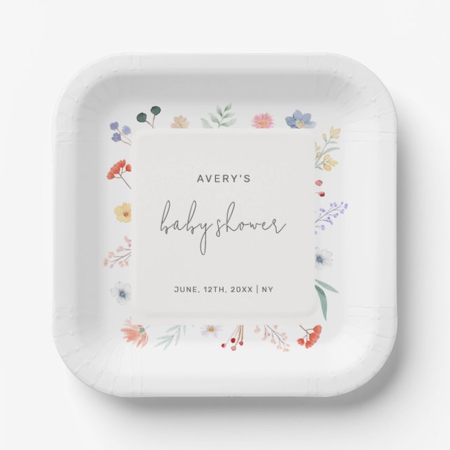 Assiettes En Carton Baby shower de trame de Fleur sauvage Boho minimal (Recto)