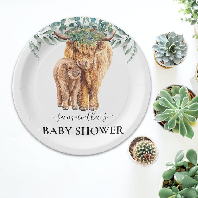 Assiettes En Carton Baby shower de veau de vache de Highland Eucalyptu (Créateur téléchargé)