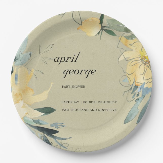 Assiettes En Carton Baby shower D'EAU FLORALE VERTE JAUNE KRAFT (Devant)