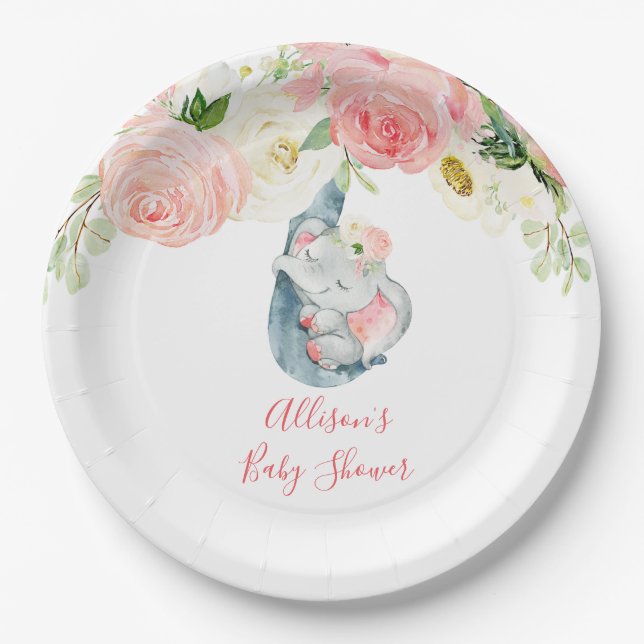 Assiettes En Carton Baby shower d'éléphant blanc rose pâle (Devant)