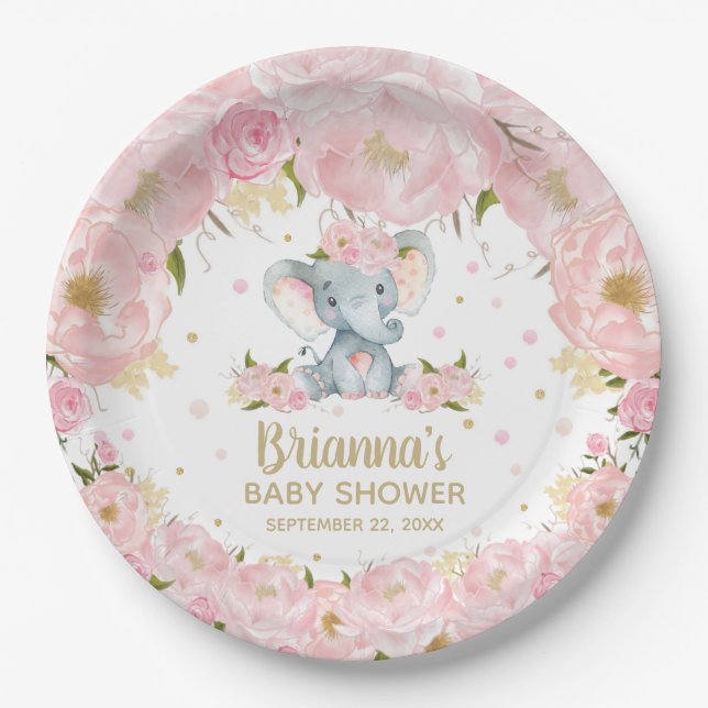 Assiettes En Carton Baby shower d'éléphant floral rose vif (Devant)