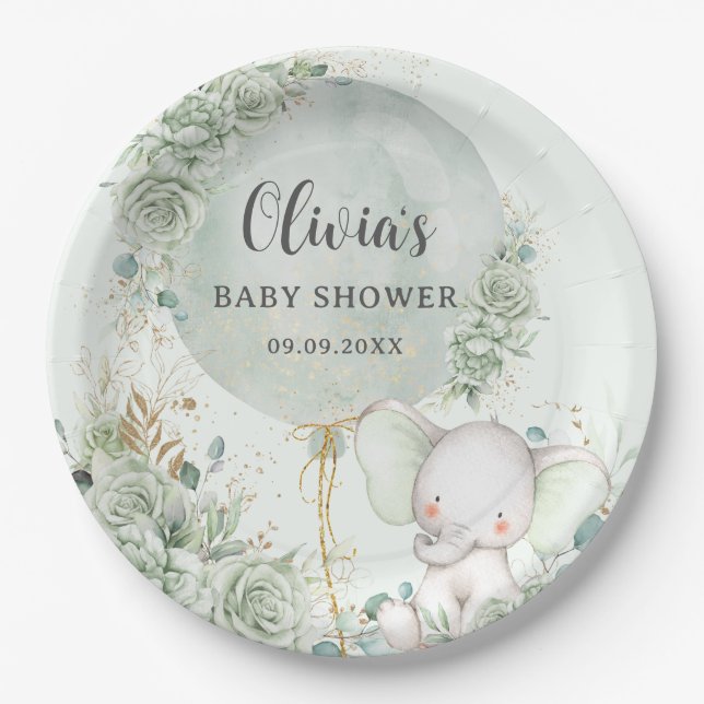 Assiettes En Carton Baby shower d'éléphant floral vert Sage (Devant)