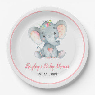 Assiettes En Carton Baby shower d'éléphant pour bébé fille (floral)