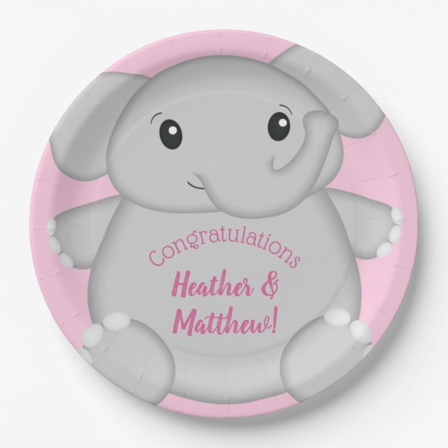 Assiettes En Carton Baby shower d'éléphant rose (Devant)