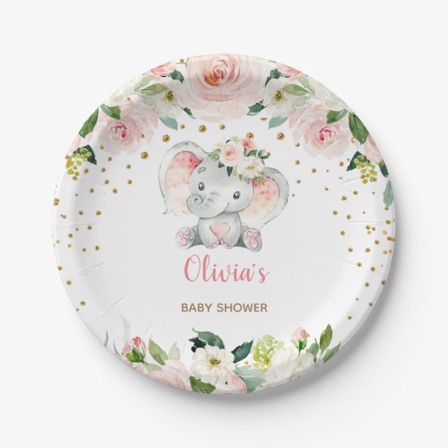 Assiettes En Carton Baby shower d'éléphant rose (Devant)