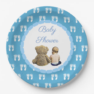 Assiettes En Carton Baby shower d'empreintes bleues pour bébé et ours