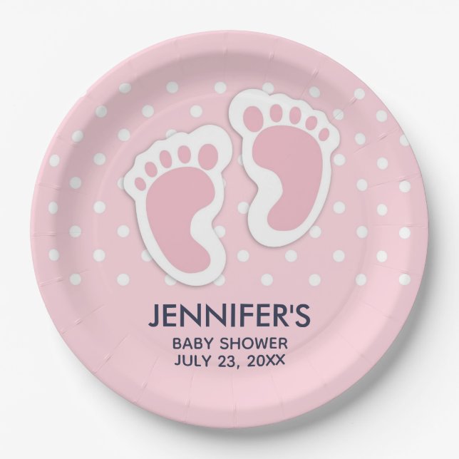 Assiettes En Carton Baby shower d'empreintes de filles mignonnes roses (Devant)