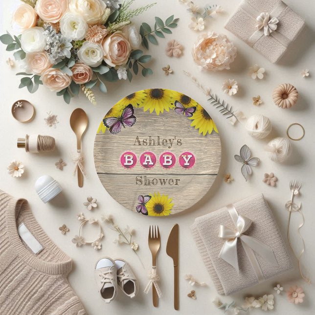Assiettes En Carton Baby shower des papillons rose tournesol (Créateur téléchargé)