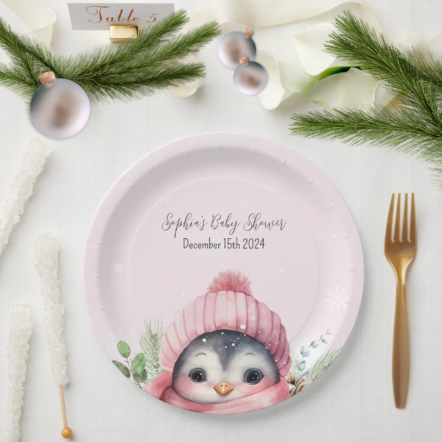 Assiettes En Carton Baby shower d'hiver de fille rose mignonne (Créateur téléchargé)