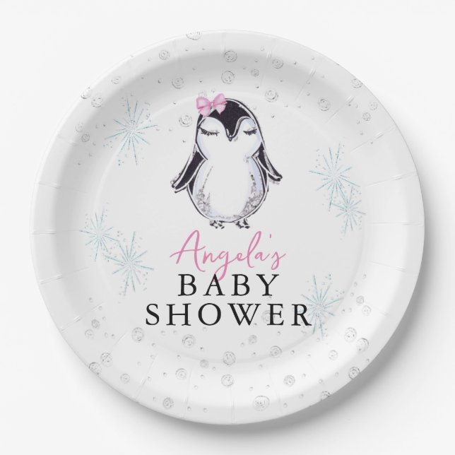 Assiettes En Carton Baby shower d'hiver de Girl Penguin (Devant)