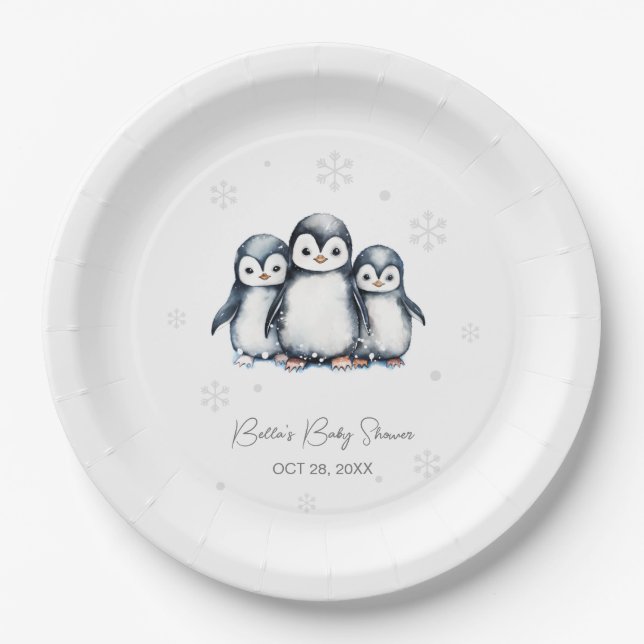 Assiettes En Carton Baby shower d'hiver de Pingouin mignon (Devant)