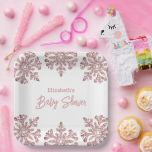 Assiettes En Carton Baby shower d'hiver Pink Rose Gold Snowflake