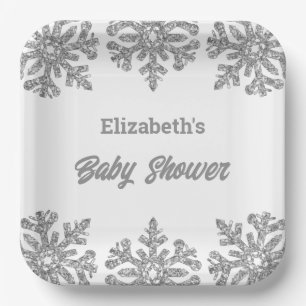 Assiettes En Carton Baby shower d'hiver Silver Snowflake