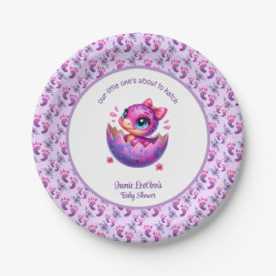 Assiettes En Carton baby shower Dinosaure violet "Hatching Bientôt"