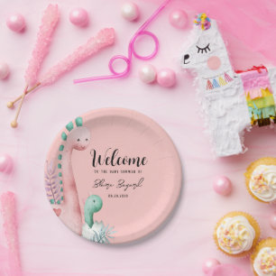 Assiettes En Carton Baby shower Dinosaures rose et Turquoise