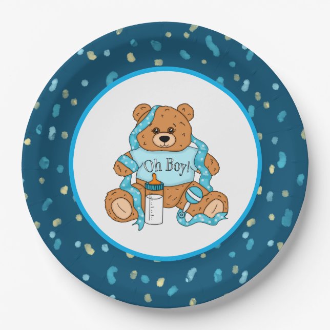 Assiettes En Carton Baby shower d'ours en peluche bleu et jaune (Devant)