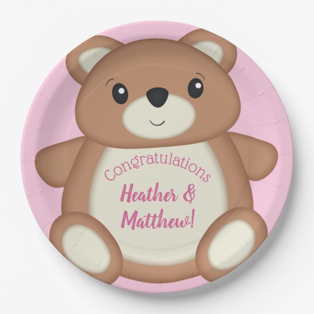 Assiettes En Carton Baby shower d'ours en peluche rose (Devant)