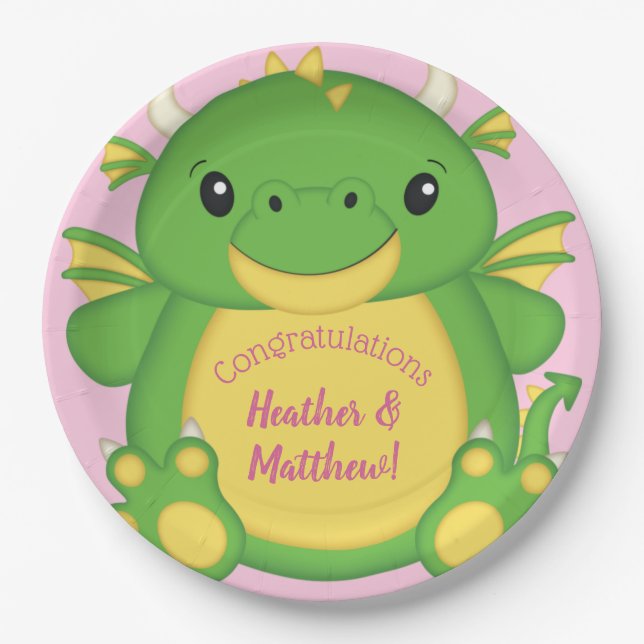 Assiettes En Carton Baby shower Dragon rose (Devant)