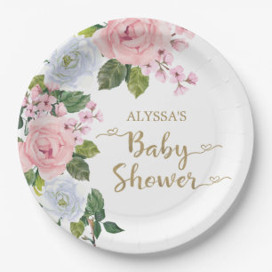 Assiettes En Carton Baby Shower Élégant Fleurs Roses Blanches