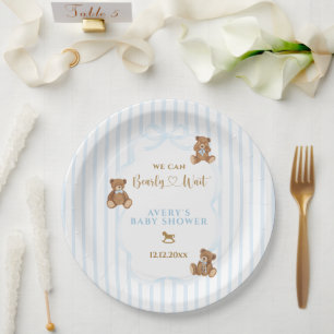 Assiettes En Carton Baby Shower élégant rayé Ourson Bleu