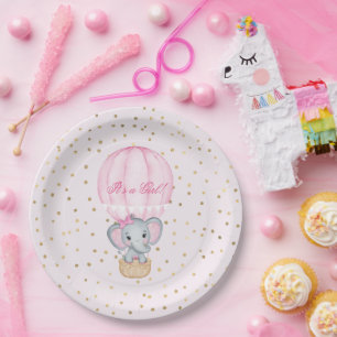 Assiettes En Carton Baby shower éléphant bébé fille à ballon chaud