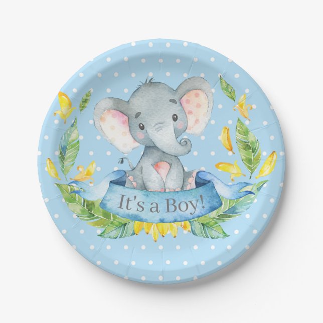Assiettes En Carton Baby shower éléphant garçon bleu (Devant)
