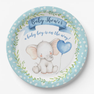 Assiettes En Carton Baby shower éléphant Garçon en Aquarelle Bleu PLAQ