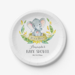 Assiettes En Carton Baby shower éléphant garçon Jaune et gris