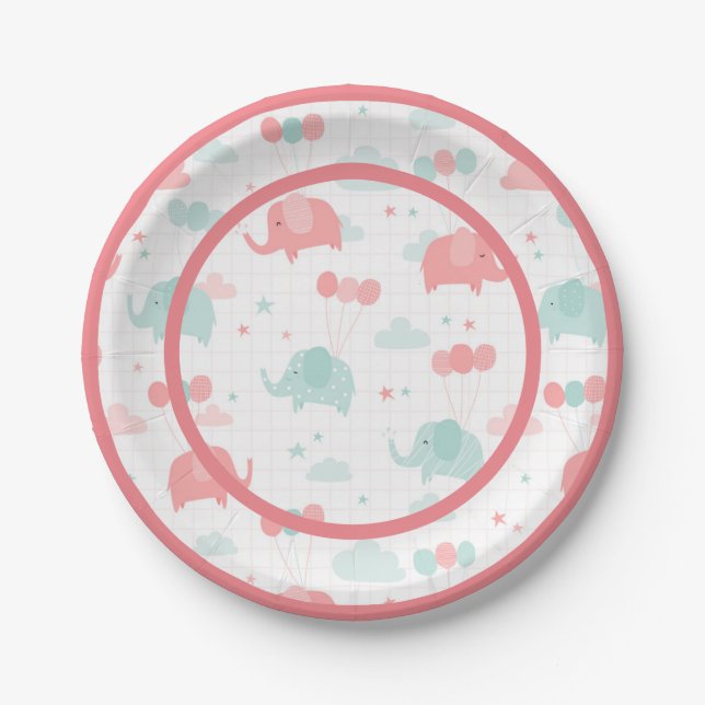 Assiettes En Carton Baby shower Eléphant rose mignon (Devant)