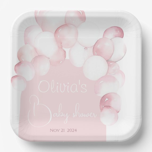 Assiettes En Carton Baby shower en arc de ballons roses (Recto)