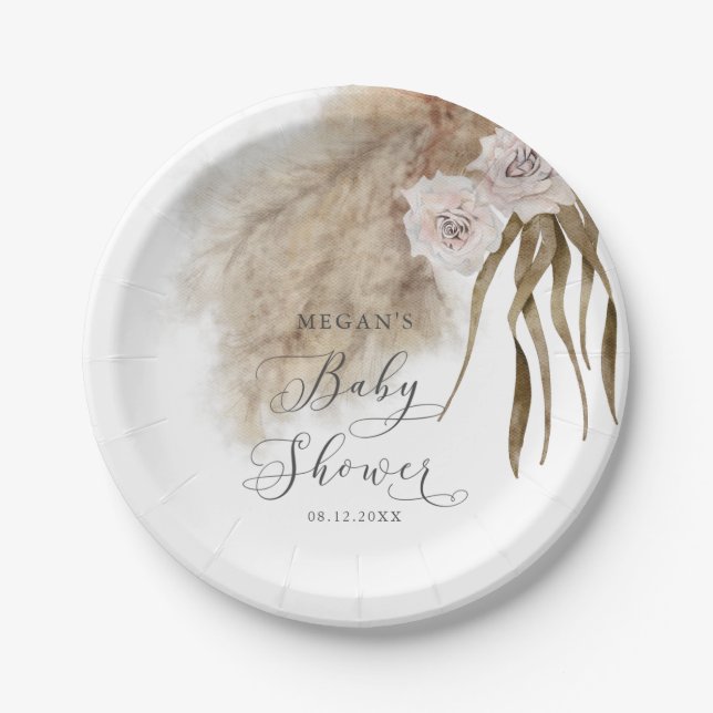 Assiettes En Carton Baby shower en laiton Russe Rose Pampas (Devant)