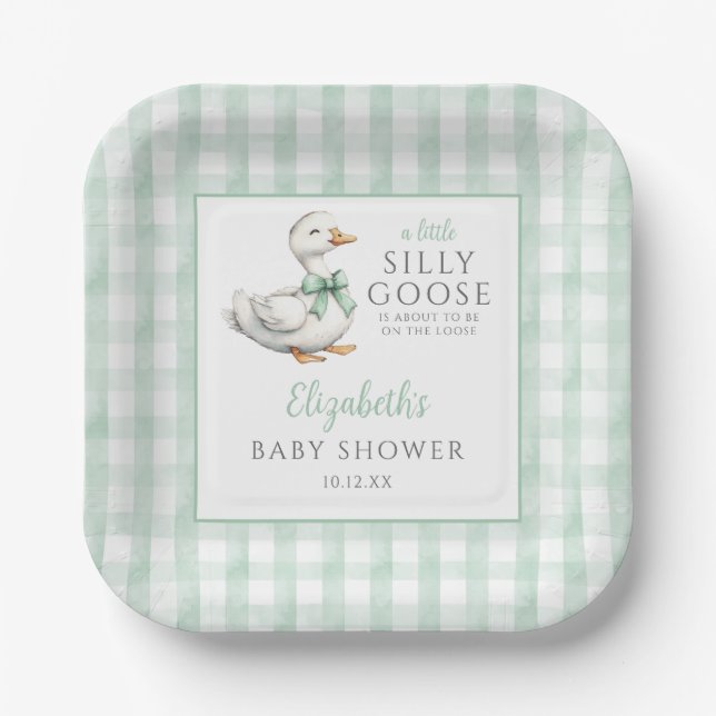 Assiettes En Carton Baby shower En vichy Silencieux Little Goose Green (Recto)