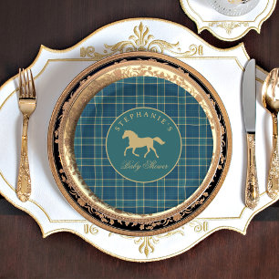 Assiettes En Carton Baby Shower Équestre Cheval Tartan Plaid Classique